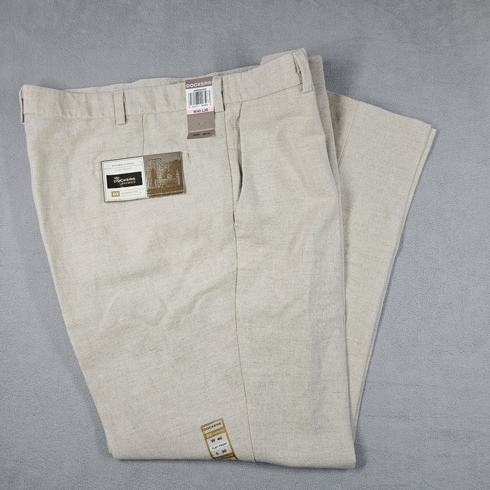 Dockers Ethan Linen Mens Pants 40x30 D3 Classic Flat Front Linen Blend Old Money